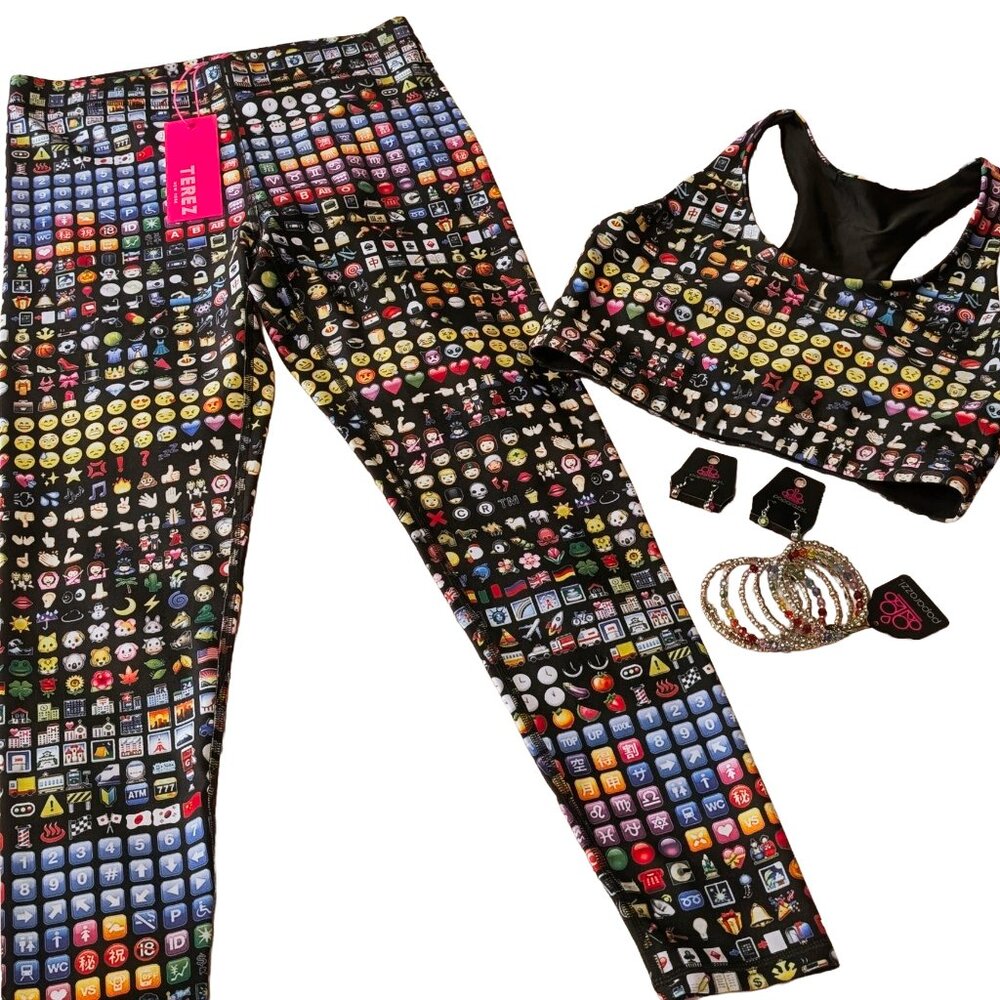 Terez  Emoji Hi-Shine Leggings & Sports Bra w/bonus Jewelry NWT